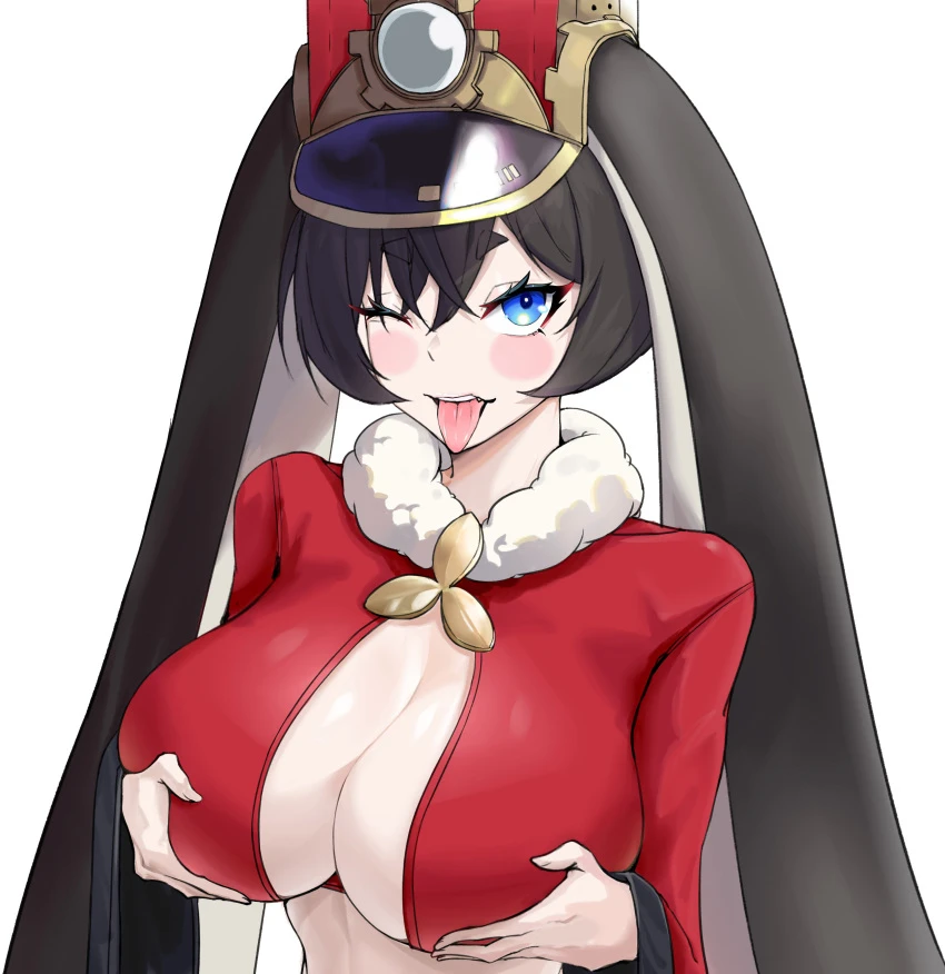 xi longlong, honkai (series), honkai: star rail, pom-pom (honkai: star rail), :p, 1girls, blue eyes, blush, breast hold, breasts, center opening, cleavage, crossed bangs, dot nose, female, fur trim, hair between eyes, hat, huge breasts, humanized, long sleeves, looking at viewer, open mouth, pale skin, personification, red sleeves, sagging breasts, simple background, smile, solo, teeth, thick eyebrows, tongue out, upper body, white background, wink, absurdres, highres