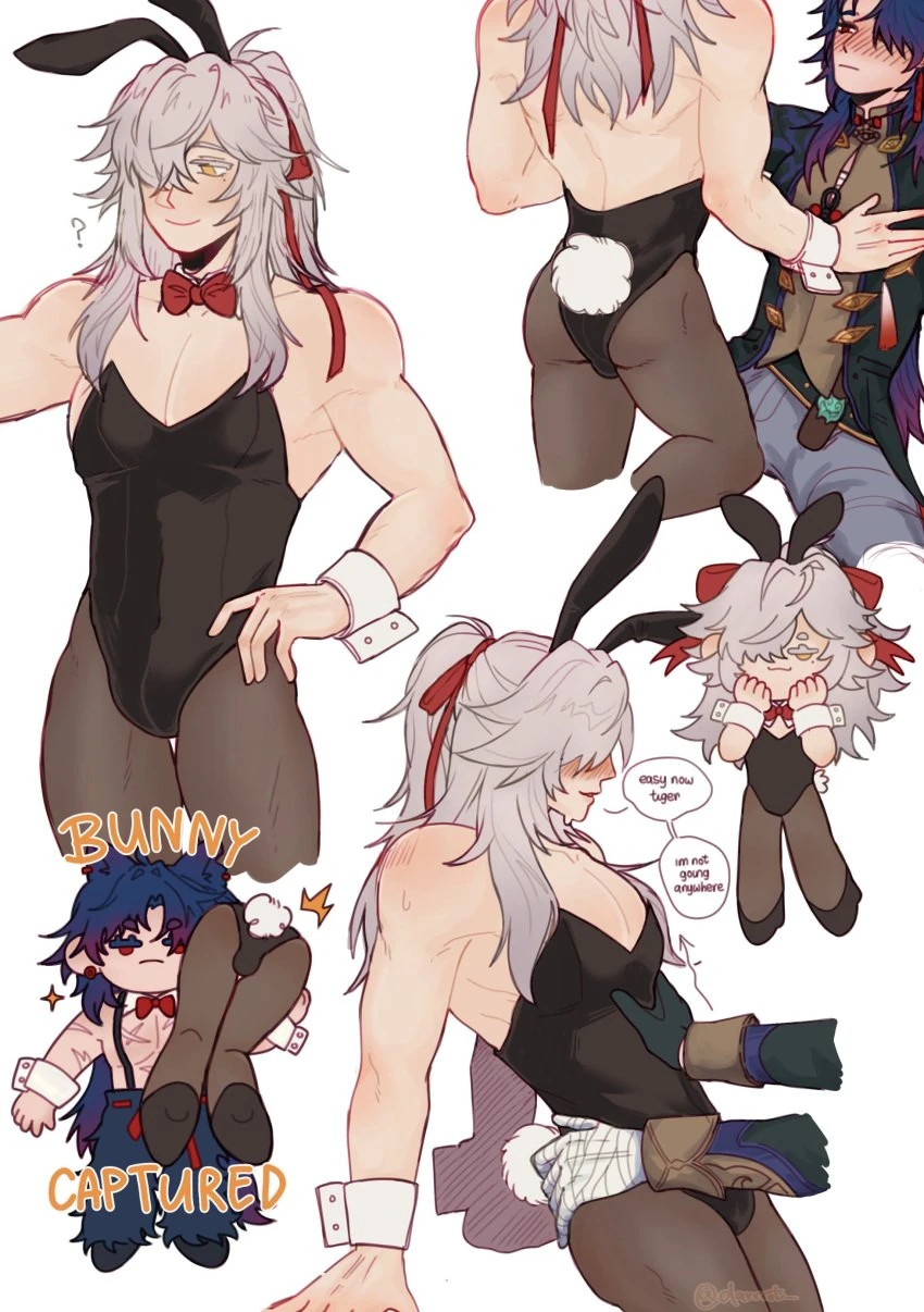 honkai: star rail, blade (honkai: star rail), jing yuan, bandaged arm, bandages, blue hair, blush, blush lines, bow in hair, bow ribbon, bunny boy, bunny ear, bunny ears, bunny tail, clothed, dark blue hair, feeling up, gay, glove, gray hair, hand on hip, homosexual, light grey hair, long hair, overalls, ponytail, red eyes, ribbon, ribbon in hair, scars, tights, yellow eyes