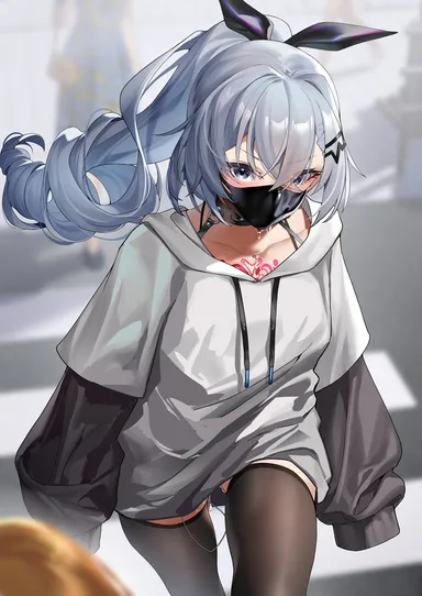 ginklaga, honkai (series), honkai: star rail, silver wolf (honkai: star rail), chest tattoo, female, grey eyes, grey hair, grey shirt, hair ornament, hair ribbon, hairclip, long hair, looking at viewer, mask, mouth mask, ponytail, ribbon, saliva drip, shirt, solo focus, stealth bondage, tattoo, thighhighs