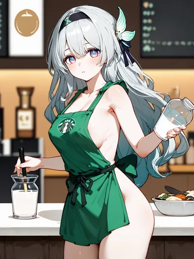 snowy yukino, honkai: star rail, hoyoverse, starbucks, firefly (honkai: star rail), areola slip, blush, from side, hips, implied lactation, naked apron, sideboob, ai generated