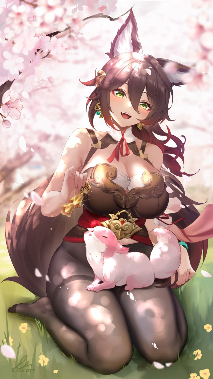 liu liaoliao, honkai: star rail, tingyun (honkai: star rail), 1girls, animal ears, big breasts, brown hair, female, female only, fox ears, fox girl, fox tail, green eyes, large breasts, looking at viewer, outdoors, outside, pantyhose, solo, solo female, tail, thick, thick thighs, voluptuous