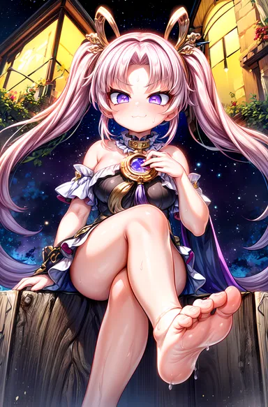 foopanthia, honkai (series), honkai: star rail, fu xuan (honkai: star rail), alternate breast size, barefoot, big breasts, bow-shaped hair, breasts, crossed legs, detached sleeves, feet, female, female focus, female only, foot fetish, foot focus, forehead jewel, hair ornament, hair stick, legs, light-skinned female, long hair, low twintails, night, pink hair, sitting, sky, smile, smiling, solo, stars, sweat, sweaty feet, teasing, thick thighs, thighs, toes, twintails, absurd res, ai generated, hi res, highres