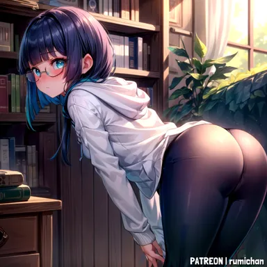 rumi chan, honkai: star rail, pela (honkai: star rail), ass, ass focus, bent over, blue hair, blunt bangs, green eyes, leggings, medium hair, small breasts, tights, ai generated