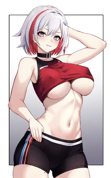 yan kodiac, honkai (series), honkai: star rail, topaz (honkai: star rail), 1girls, female, female only, mole on thigh, red highlights, silver hair, solo, underboob, tagme