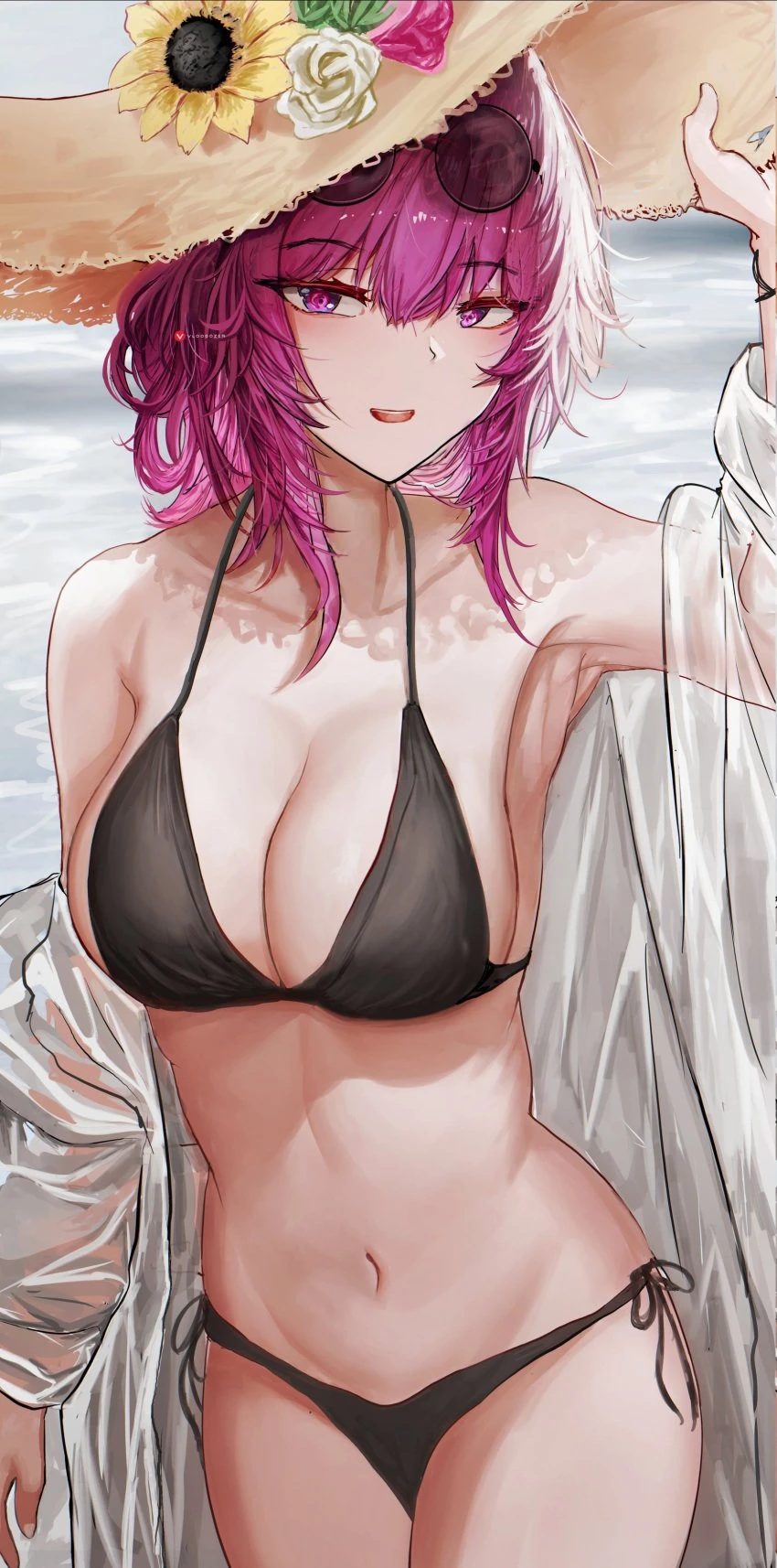 vloodozer, honkai: star rail, hoyoverse, kafka (honkai: star rail), beach, belly button, big breasts, bikini, hat, long hair, looking at viewer, older female, open clothes, purple hair, seaside, slim waist, sunglasses, sunglasses on head, wide hips