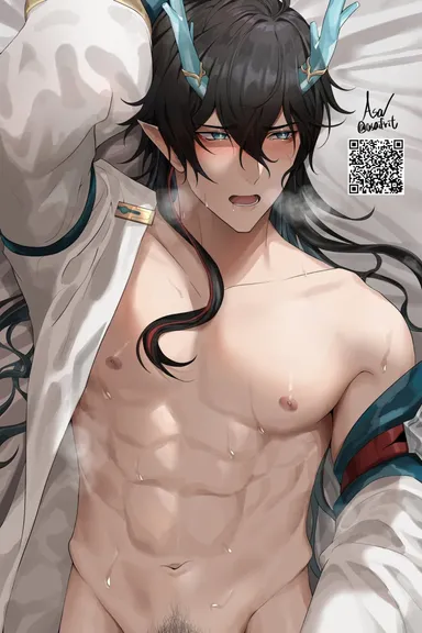 asaifrit, honkai: star rail, dan heng, dan heng (imbibitor lunae), 1boy, abs, blush, dragon horns, long hair, male, male only, musk, pubic hair, shirt open, sweat, sweating