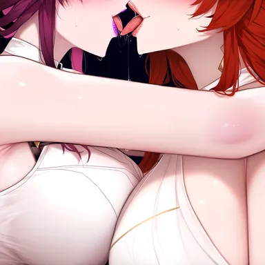 honkai (series), honkai: star rail, hoyoverse, himeko (honkai: star rail), kafka (honkai: star rail), 2girls, enemies to lovers, enemies with benefits, kissing, lesbian, lesbian kiss, lesbians, purple hair, red hair, saliva, yuri, ai generated