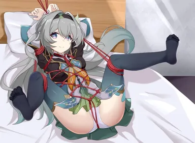 honkai (series), honkai: star rail, firefly (honkai: star rail), bed, bed bondage, bondage, gray hair, happy sub, smile, spread legs, thighhighs, tied up