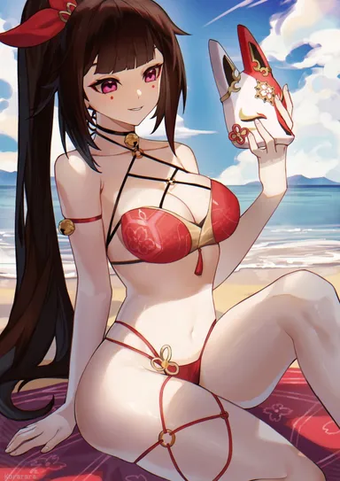 artist request, honkai (series), honkai: star rail, hoyoverse, mihoyo, sparkle (honkai: star rail), 1girls, alternate costume, alternate hairstyle, beach, belly button, bikini, brown hair, cleavage, clouds, day, female, female focus, female only, front view, holding mask, holding object, hourglass figure, kitsune mask, light skin, light-skinned female, long hair, long ponytail, mask, medium breasts, multi-strapped panties, ocean, outdoors, pink eyes, ponytail, red bikini, sand, sitting, sky, smiling, solo, solo female, solo focus, summer, swimsuit, thong, thong bikini, water, young, younger female, 2d, 2d (artwork), high resolution, highres