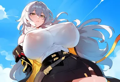 henrik n, honkai: star rail, stelle (honkai: star rail), 1girls, arms behind back, breasts, covered breasts, covered nipples, female, gray hair, hands behind back, looking at viewer, looking down, see-through, see-through clothing, see-through shirt, sky, white body, white skin, ai generated