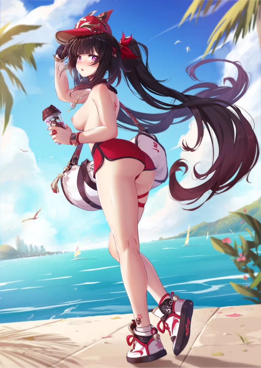 mitsu art, honkai: star rail, sparkle (honkai: star rail), 1girls, beach, black hair, female, female only, hat, hotpants, long hair, looking at viewer, medium breasts, nipples, no panties, pink eyes, topless, twintails