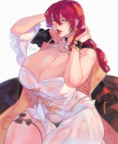 osoretic, honkai: star rail, himeko (honkai: star rail), 1girls, breasts, choker, cleavage, dress, female, female only, large breasts, lips, lipstick, red hair, see-through, see-through clothing, see-through dress, solo, thick thighs, thigh strap, thighs, thong, wide hips, yellow eyes