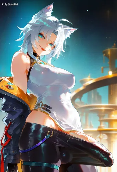 a1exwell, honkai (series), honkai: star rail, mihoyo, feixiao (honkai: star rail), erection under clothes, fox ears, fox girl, futanari, large penis, penis, penis peek, testicles, ai generated, stable diffusion