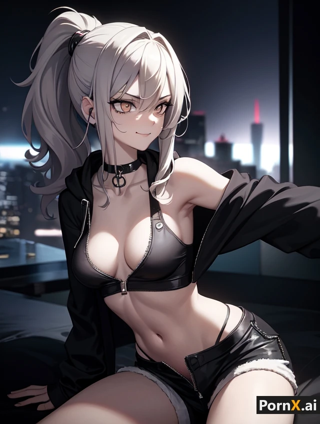 pornx.ai, honkai (series), honkai: star rail, silver wolf (honkai: star rail), 1girls, black clothing, bra, choker, collarbone, grey hair, hips, hoodie, jacket, medium breasts, medium hair, navel, orange eyes, ponytail, ribs, shorts, sitting, skindentation, smile, smiling, sports bra, thighs, thong, thong straps, undressing, unzipped, ai generated