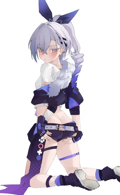 wktfrv47n, honkai: star rail, silver wolf (honkai: star rail), 1girls, ass, ass cleavage, blush, bow, breasts, closed mouth, clothing, curly hair, female, female focus, female only, fingerless gloves, fully clothed, grey eyes, grey hair, hands on ass, jacket, kneeling, light skin, looking at viewer, looking back, on knees, open eyes, petite, shirt, shoes, shorts, socks, solo, thighs, tied hair, white background