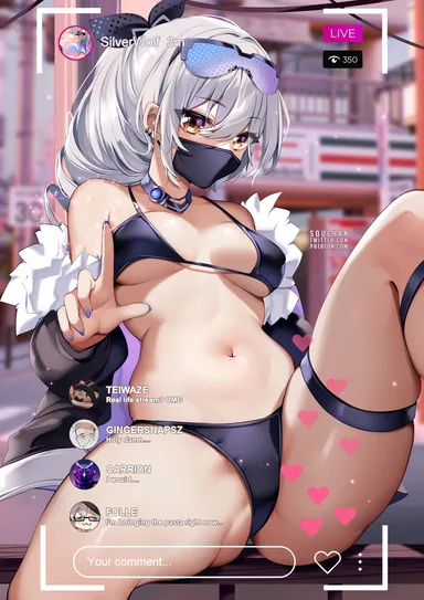 squchan, honkai (series), honkai: star rail, silver wolf (honkai: star rail), 1girls, bikini top, breasts, eyewear on head, female, light skin, light-skinned female, livestream, mask, medium breasts, stream chat, stream ui, sunglasses on head, thighs, white hair