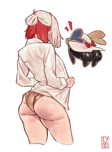 cyanceebee, honkai: star rail, numby (honkai: star rail), topaz (honkai: star rail), 1girls, big ass, light skin, mole, mole on ass, no bra, open shirt, panties, red hair, shirt, short hair, solo, thick thighs, two tone hair, undressing, white hair