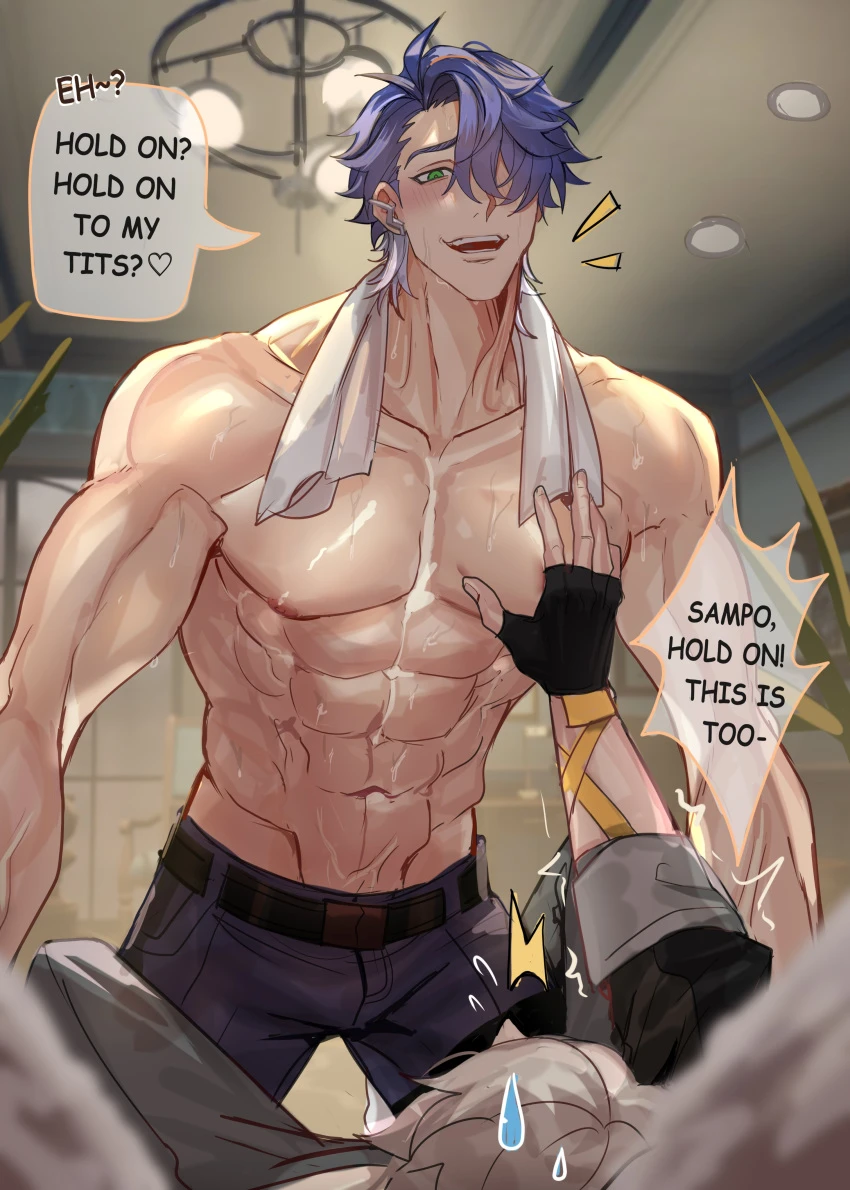 ha ze(twitter), ha ze, honkai: star rail, caelus (honkai: star rail), sampo (honkai star rail), abs, big chest, blush, gay, grabbing breasts, grabbing chest, green eyes, imminent sex, male only, muscular male, pubic hair, shirtless, shirtless male, shocked expression, sweat, towel around neck, yaoi, english text