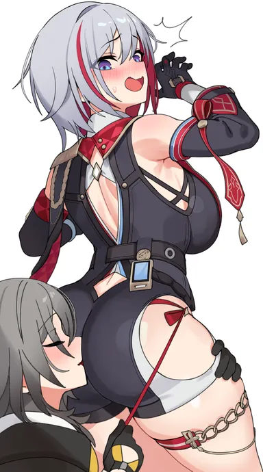 ndgd, honkai (series), honkai: star rail, stelle (honkai: star rail), topaz (honkai: star rail), 2girls, ass, bare shoulders, belt, black gloves, blue eyes, blush, breasts, closed mouth, colored inner hair, face in ass, female pervert, gloves, grey hair, hair between eyes, huge ass, large breasts, long sleeves, looking back, medium hair, multicolored hair, multiple girls, open mouth, pervert, red hair, short hair, smelling ass, streaked hair, thigh strap, thighs, trailblazer (honkai: star rail), two-tone hair, yuri, commentary, highres