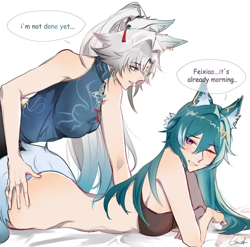 glaciel0602, honkai (series), honkai: star rail, feixiao (honkai: star rail), yukong (honkai: star rail), 2girls, animal ears, bare arms, black bra, blue hair, blue shirt, blush, bottomless, bra, breasts, fox ears, fox girl, fox tail, grabbing another's ass, groping, hair ornament, large breasts, long hair, looking at another, multiple girls, one eye closed, parted lips, purple eyes, shirt, sleeveless, sleeveless shirt, smile, tail, underwear, white background, white hair, yuri, commentary, english commentary, english text, highres, signature, simple background, speech bubble