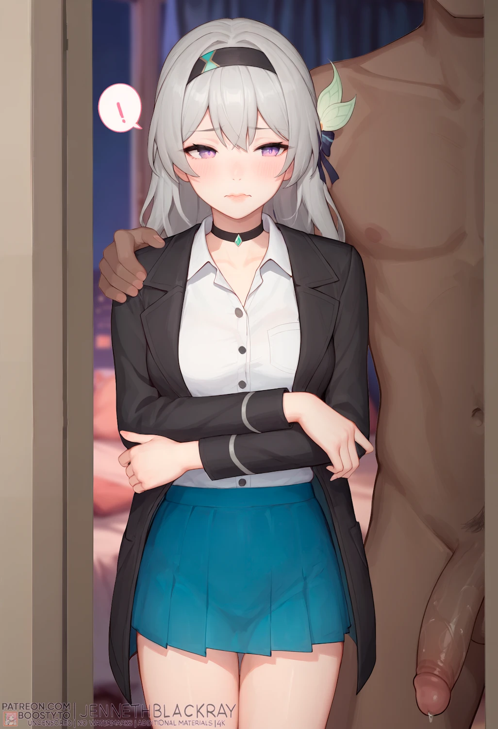 jenneth blackray, honkai: star rail, firefly (honkai: star rail), !, 1boy, although she hurriedly put on clothes, bangs, bedroom, black choker, black hair ornament, black hairband, black jacket, blue skirt, blush, breasts, caught, choker, clavicle, closed mouth, clothed female, clothed female nude male, clothing, collared shirt, crossed arms, dark skin, dark-skinned male, female, flaccid, grey hair, hair ornament, hairband, hand on another's shoulder, headwear, hotel room, hugging from behind, imminent sex, implied nopan, implied sex, interracial, jacket, large penis, light-skinned female, long hair, long sleeves, looking to the side, male, medium breasts, night, nude, nude male, penis, pleated skirt, purple eyes, saliva, saliva on penis, shirt, shirt tucked in, silver hair, size difference, skirt, solo focus, spoken exclamation mark, standing, straight, testicles, vaginal juices on penis, wavy mouth, white shirt, ai generated, ai-created, blurry background, high resolution, speech bubble, stable diffusion