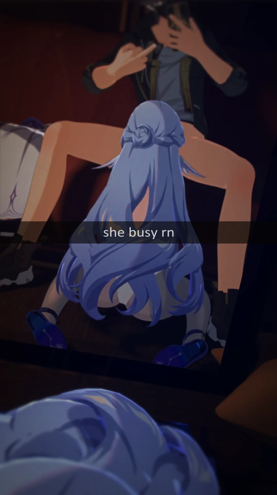 honkai: star rail, caelus (honkai: star rail), robin (honkai: star rail), ass, back view, blowjob, fellatio, head grab, implied fellatio, middle finger, mirror, mirror reflection, mirror selfie, phone, pov, recording, taking photo, video recording