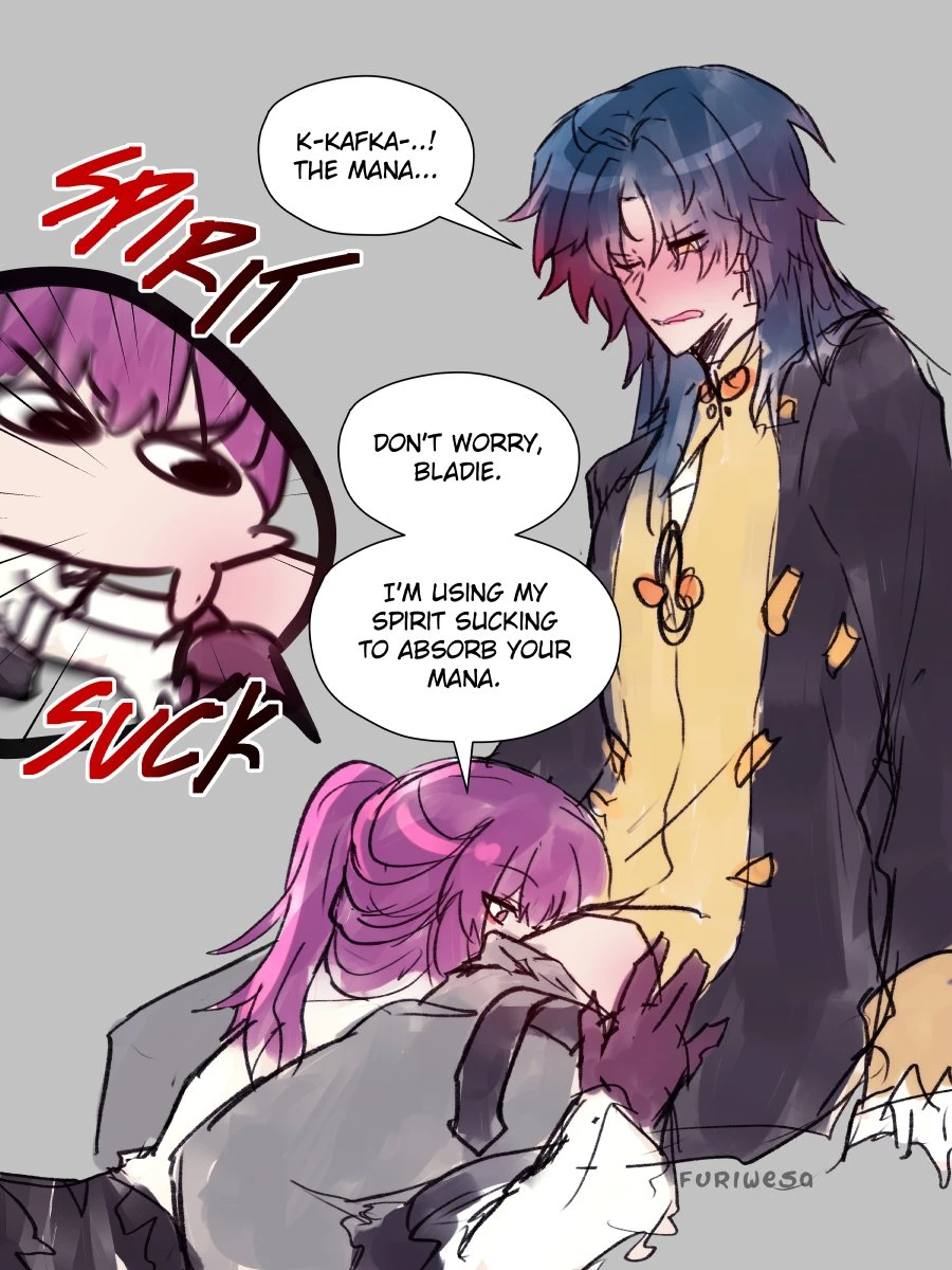 furiwesa, honkai: star rail, blade (honkai: star rail), kafka (honkai: star rail), :>=, 1boy, 1girls, black hair, blowjob, blush, embarrassed, embarrassed male, fellatio, funny, humor, misspelling, one eye closed, oral, oral sex, purple hair, unbuttoned pants