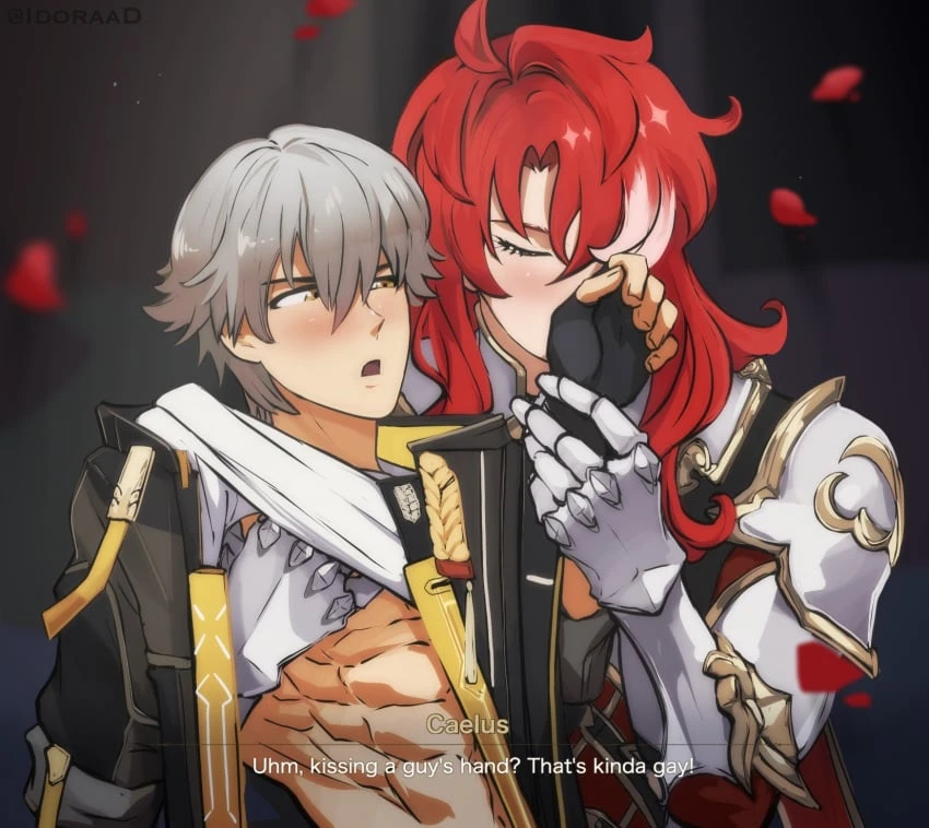 idoraad, lilprincyvi, honkai (series), honkai: star rail, argenti (honkai: star rail), caelus (honkai: star rail), chivalrous innuendo, gay, gray hair, kissing hand, male, male only, male/male, red hair, suspicious, yaoi, tagme