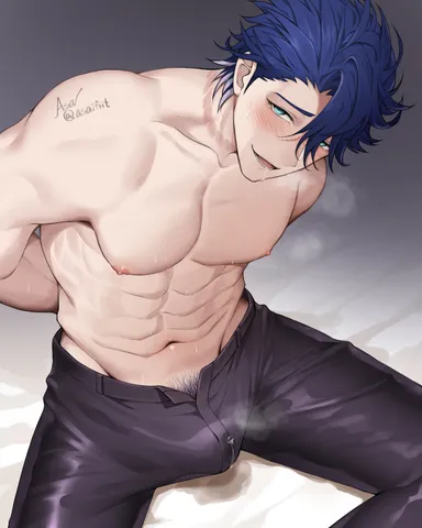 asaifrit, honkai: star rail, sampo (honkai star rail), 1boy, abs, arms behind back, blue hair, blush, blushing, erect nipples, erect penis, erection under clothes, gay, happy trail, looking at viewer, looking up, male, male only, muscular, muscular male, precum, pubic hair, saliva trail, shirtless, sitting, solo, steam, sweat, visible breath, yaoi