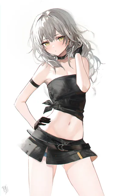 hidulume, honkai: star rail, stelle (honkai: star rail), trailblazer (honkai: star rail), adjusting hair, armband, belly button, belt, black gloves, black panties, choker, clothed, ear piercing, female, female only, fully clothed, gloves, gray hair, hand behind head, hand on hip, legband, miniskirt, non-nude, panties peek, posing, revealing clothes, short skirt, sleeveless, strapless, tied shirt, unbuttoned, white background, yellow eyes, 2d