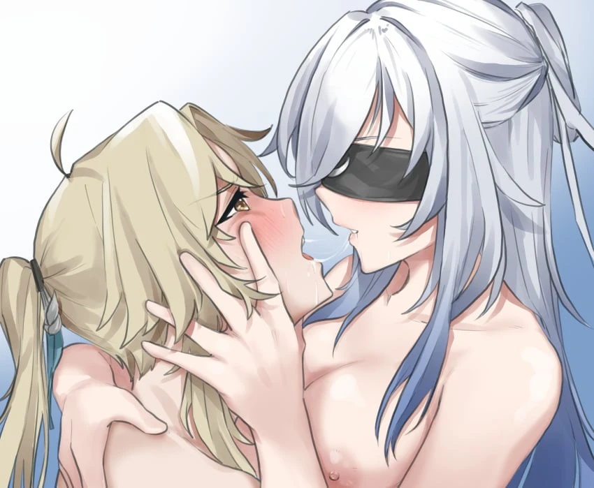 shion1350, honkai (series), honkai: star rail, jingliu (honkai: star rail), yanqing (honkai: star rail), 1boy, age difference, blindfold, blonde hair, blush, breasts, covered eyes, female, hand on another's face, imminent kiss, long hair, looking at another, nipples, nude, ponytail, saliva, saliva trail, white hair, yellow eyes, absurdres, highres