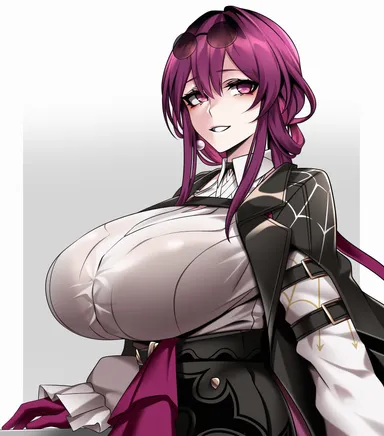 camui kamui, hz (666v), honkai (series), honkai: star rail, kafka (honkai: star rail), alternate breast size, black jacket, bra, bra visible through clothes, breasts, eyewear on head, female, from side, glass, glasses, huge breasts, jacket, long jacket, looking at viewer, open mouth, purple eyes, purple hair, round eyewear, shirt, simple background, smile, solo, underwear, white background, white shirt, absurdres, highres