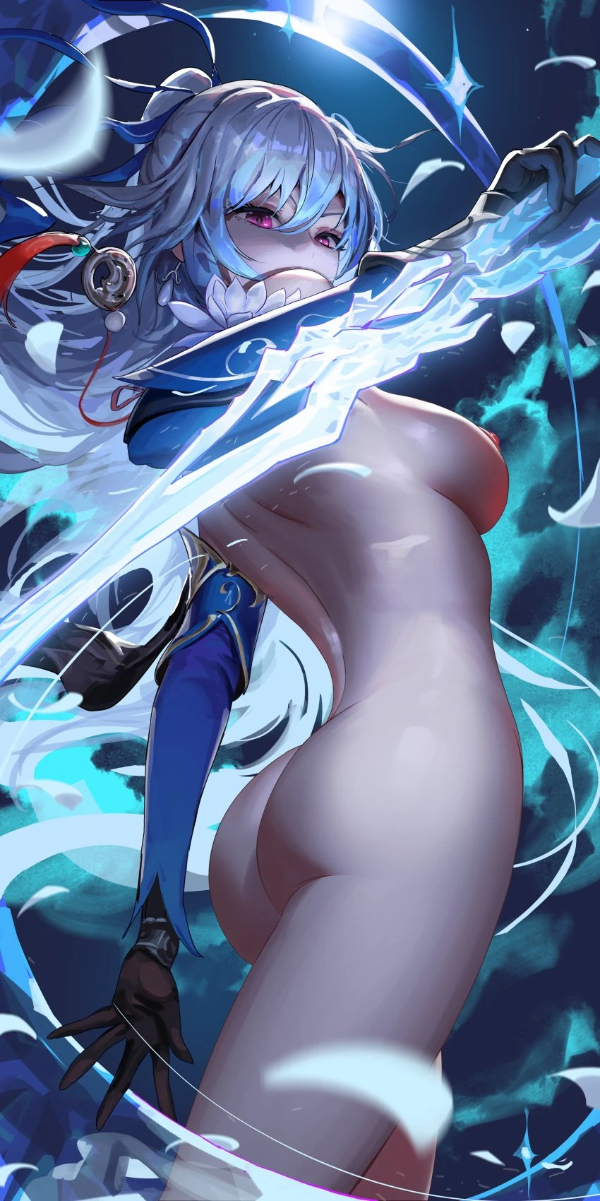 liang xing, honkai: star rail, jingliu (honkai: star rail), ass focus, blue hair, holding sword, medium breasts, nice ass, nude, pink eyes, sword, tagme