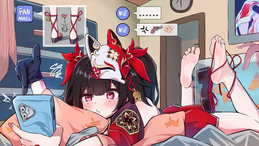 honkai: star rail, sparkle (honkai: star rail), feet, laying on bed, magenta eyes, phone