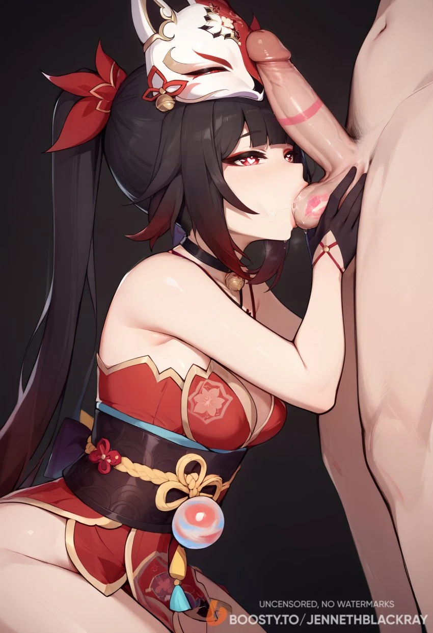 jenneth blackray, honkai: star rail, sparkle (honkai: star rail), 1boy, ai-created, animal mask, bangs, bare hips, bare shoulders, bell, black choker, black gloves, black hair, blunt bangs, breasts, caressing testicles, choker, cleavage, clothed female, clothed female nude male, clothing, dress, erection, fellatio, female, fox mask, gloves, gradient hair, hair ornament, heart, heart-shaped pupils, jingle bell, kiss mark, kneeling, lipstick mark, lipstick on penis, lipstick on testicles, long hair, looking at penis, male, male pubic hair, mask, mask on head, medium breasts, multicolored hair, nude, nude male, obi, oral, penis, penis on face, penis on head, ponytail, pubic hair, red dress, red eyes, red hair, sagging testicles, saliva, saliva drip, sash, simple background, sitting, sleeveless, solo focus, standing-male kneeling-female, straight, sucking testicles, symbol-shaped pupils, testicle grab, testicle worship, testicles, testicles touching, tied hair, traditional clothes, twintails, very long hair, wafuku, ai generated, high resolution, stable diffusion, uncensored, very high resolution