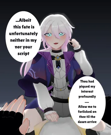 honkai: star rail, caelus (honkai: star rail), elio (honkai: star rail), 2boys, aqua eyes, blue eyes, clothed, clothing, domination, femboy, gay, glowing eyes, glowing penis, hairless, male, male only, night, pink hair, scared, tied hair, twink, white hair, white skin, yaoi