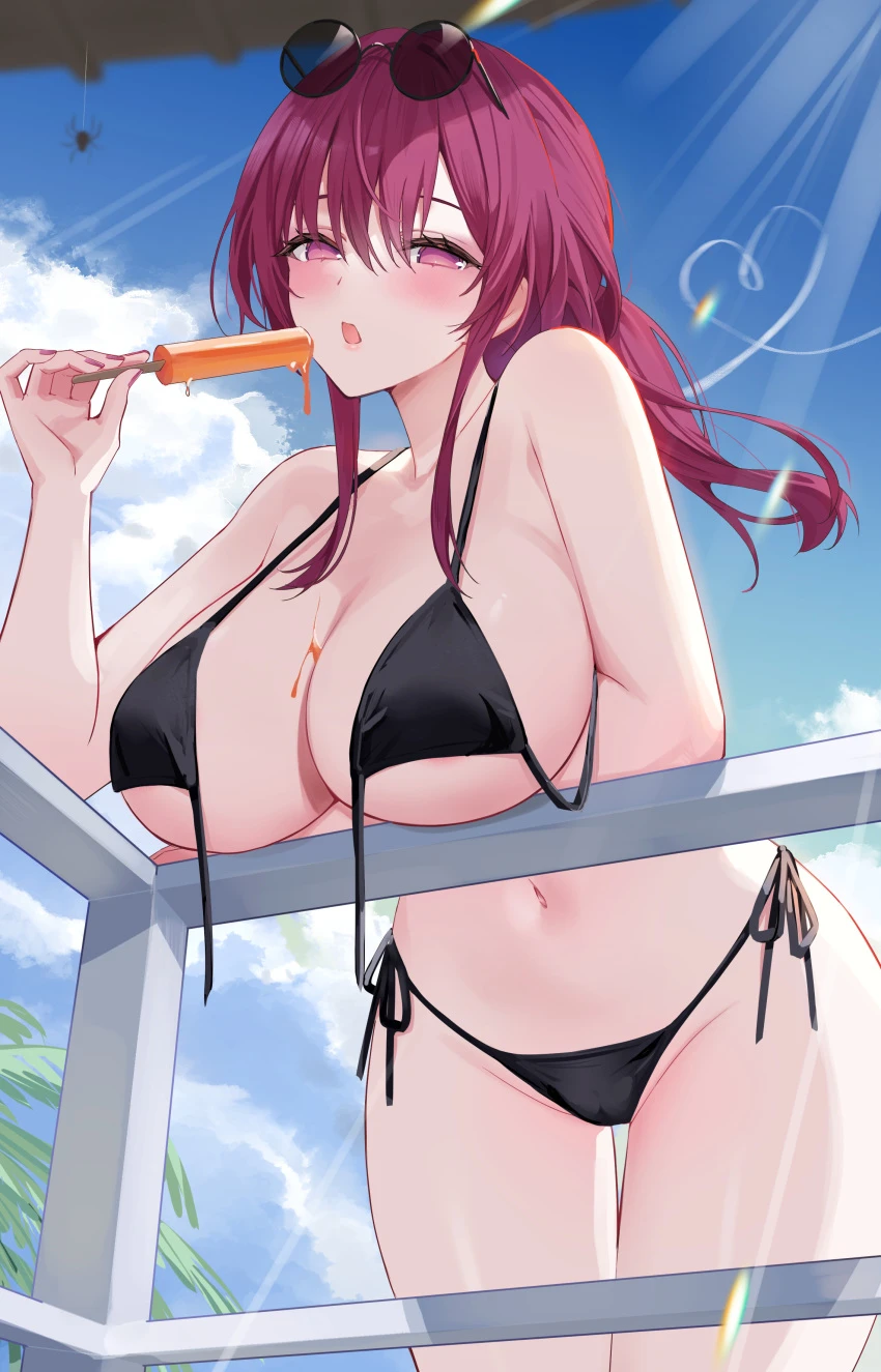 marumai, honkai: star rail, kafka (honkai: star rail), 1girls, arm under breasts, big breasts, bikini, female, female only, glasses, glasses on head, large breasts, looking at viewer, navel, outdoors, outside, popsicle, purple eyes, purple hair, side-tie bikini, sky, solo, solo female, swimsuit, thick, thick thighs, thighs, voluptuous, hi res, highres