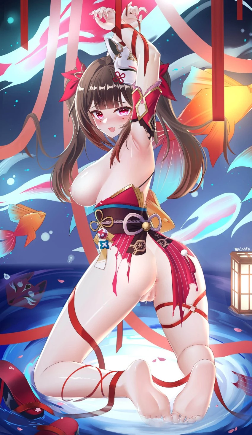 jndfh, honkai (series), honkai: star rail, sparkle (honkai: star rail), ;p, :d, anus, armpits, barefoot, black sash, blush, bound, bound arms, breasts, brown hair, dress, female, fox mask, koi, looking at viewer, mark under both eyes, mask, mask on head, nipples, oerba yun fang, one eye closed, pussy, pussy juice, red dress, red ribbon, ribbon, sash, shoes, skin fang, smile, soles, solo, thighs, toes, tongue, tongue out, twintails, unworn shoes, absurdres, censored, highres, mosaic censoring