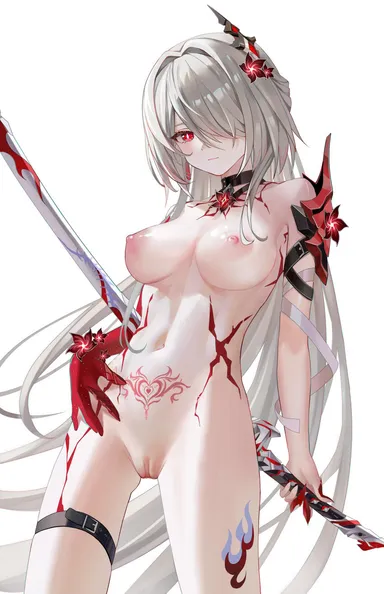 blhazx, honkai (series), honkai: star rail, acheron (honkai: star rail), 1girls, bare shoulders, belt, black belt, black choker, breasts, choker, cleavage, cowboy shot, female, female only, flower, grey hair, hair flower, hair intakes, hair ornament, hair over one eye, halterneck, holding, holding sword, holding weapon, large breasts, leg tattoo, long hair, looking at viewer, midriff, navel, nipples, nude, nude female, official alternate color, pubic tattoo, pussy, red eyes, red flower, scabbard, sheath, sheathed, simple background, solo, standing, stomach, sword, tattoo, thigh strap, thighs, very long hair, weapon, white background, absurdres, censored, highres, revision