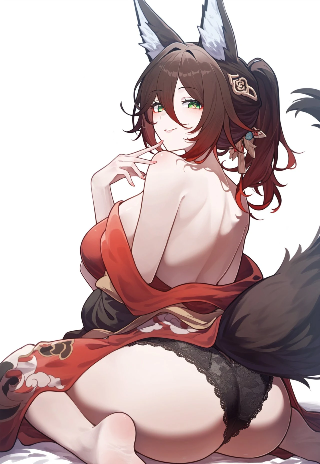 setsumanga, honkai (series), honkai: star rail, tingyun (honkai: star rail), 1girls, alluring, animal ears, animal tail, bare back, black panties, brown hair, fat ass, female, female focus, female only, fox ears, fox girl, fox tail, green eyes, inviting, kimono, kimono down, kimono open, lace, lace trim, lace-trimmed panties, large breasts, light skin, light-skinned female, lingerie, long hair, looking at viewer, looking back, no bra, open back, panties, smile, smiling, smiling at viewer, thick ass, thick thighs, ai generated, tagme