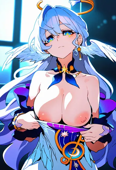 a1exwell, honkai (series), honkai: star rail, mihoyo, robin (honkai: star rail), down blouse, female, large breasts, nipples, puffy nipples, pulled by self, ai generated, stable diffusion