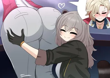 the only shoe, honkai: star rail, siobhan (honkai: star rail), stelle (honkai: star rail), trailblazer (honkai: star rail), 2girls, animal ears, animal tail, ass, blonde hair, blush, closed eyes, grey hair, hugging ass