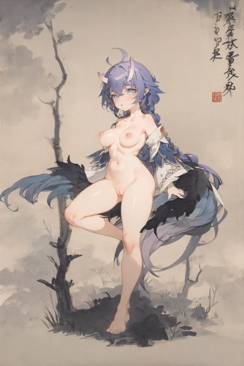 honkai: star rail, bailu (honkai: star rail), aged up, breasts, horns, looking at viewer, nude, open mouth, purple eyes, purple hair, pussy, ai generated