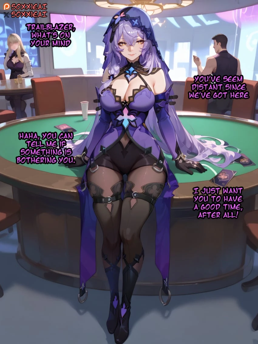 honkai: star rail, black swan (honkai: star rail), big breasts, cheating, cleavage, female, long hair, netorare, ntr, pantyhose, thighs, ai generated, caption