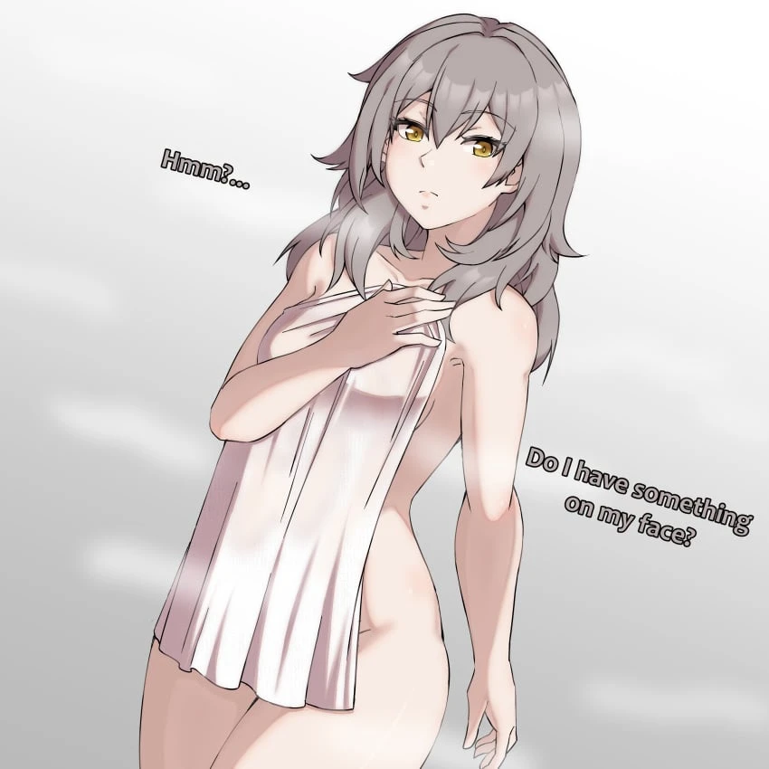 lucky zero, zerocgm, honkai: star rail, stelle (honkai: star rail), 1girls, almost naked, blush, breasts, covering, covering self, cowboy shot, eyebrows visible through hair, gold eyes, grey hair, hair between eyes, long hair, looking at viewer, naked towel, oblivious, sideboob, solo, standing, steam, talking to viewer, thighs, towel, absurd res, english text, hi res