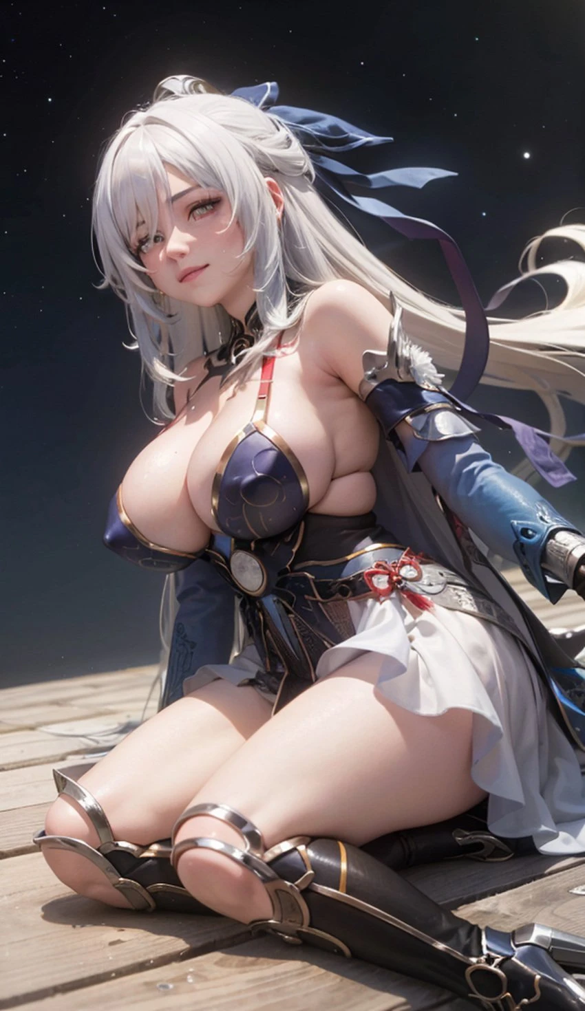 cortezian generations, honkai (series), honkai: star rail, hoyoverse, mihoyo, patreon, jingliu (honkai: star rail), 1girls, bare shoulders, big breasts, blush, boots, cleavage, clothing, dress, female, gloves, hard nipples, kneeling, long hair, night sky, no blindfold, smile, solo, stars, thick thighs, thighs, white hair, ai generated, hi res