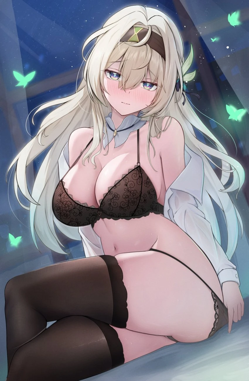 honkai: star rail, firefly (honkai: star rail), ass visible through thighs, black legwear, black lingerie, butterfly, closed mouth, collar, embarrassed, full-face blush, huge ass, huge thighs, lace trim, large breasts, lingerie, off shoulder, sitting on bed, taking off panties, thick thighs, wavy mouth, white shirt, wide hips