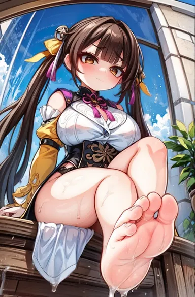 foopanthia, genshin impact, honkai: star rail, sushang (honkai: star rail), 1girls, 5 toes, alternate breast size, blush, brown eyes, brown hair, clothed, feet, female, female focus, female only, foot fetish, foot focus, footwear, from below, looking at viewer, looking down, sitting, smile, smug, sole female, soles, solo, solo female, solo focus, sweat, sweating, sweaty feet, teasing, thick thighs, thighs, toes, twintails, wet, wet body, wet feet, ai generated