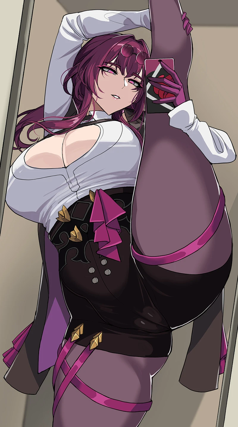 drogod (artist), honkai (series), honkai: star rail, kafka (honkai: star rail), 1girls, breasts, female, hips, huge breasts, indoors, light skin, light-skinned female, long hair, purple eyes, purple hair, standing split, thick thighs, thighs, wide hips