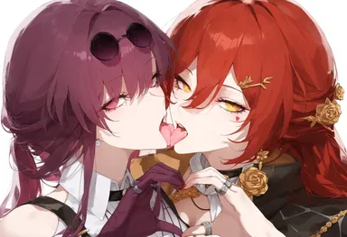 honkai (series), honkai: star rail, hoyoverse, himeko (honkai: star rail), kafka (honkai: star rail), 2girls, enemies to lovers, female only, heart hands, kissing, lesbian, lesbian kiss, lesbians, mommy, purple hair, red hair, yuri, ai generated